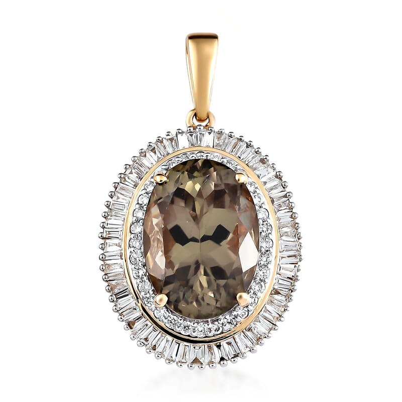 Iliana 18K Yellow Gold AAA Turkizite and G-H SI Diamond Double Halo Pendant 4 Grams 7.90 ctw