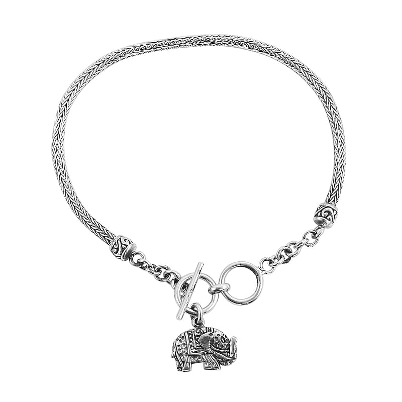 Bali Legacy Tulang Naga Bracelet, Sterling Silver Bracelet, Elephant Charm Bracelet (6.50-8.0In) 8.20 Grams