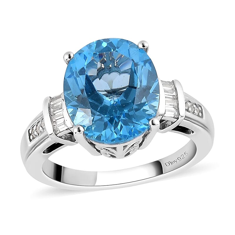 Electric Blue Topaz and Natural White Zircon Ring in Platinum Over Sterling Silver (Size 6.0) 6.30 ctw