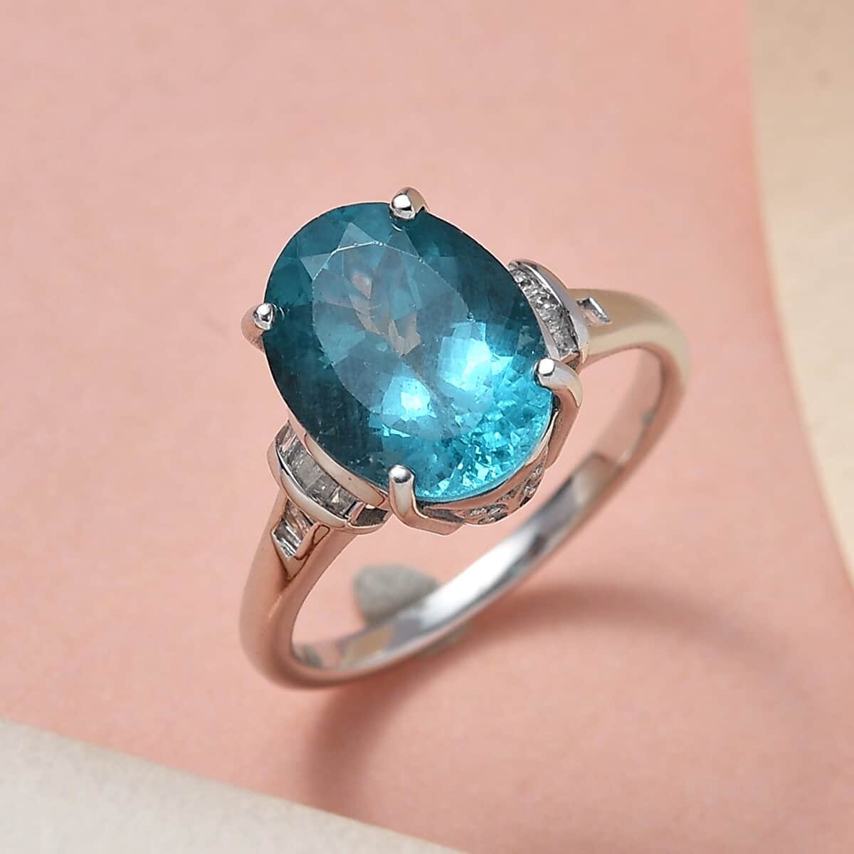 Doorbuster Electric Blue Topaz and Natural White Zircon Ring in Platinum Over Sterling Silver 6.30 ctw image number 1
