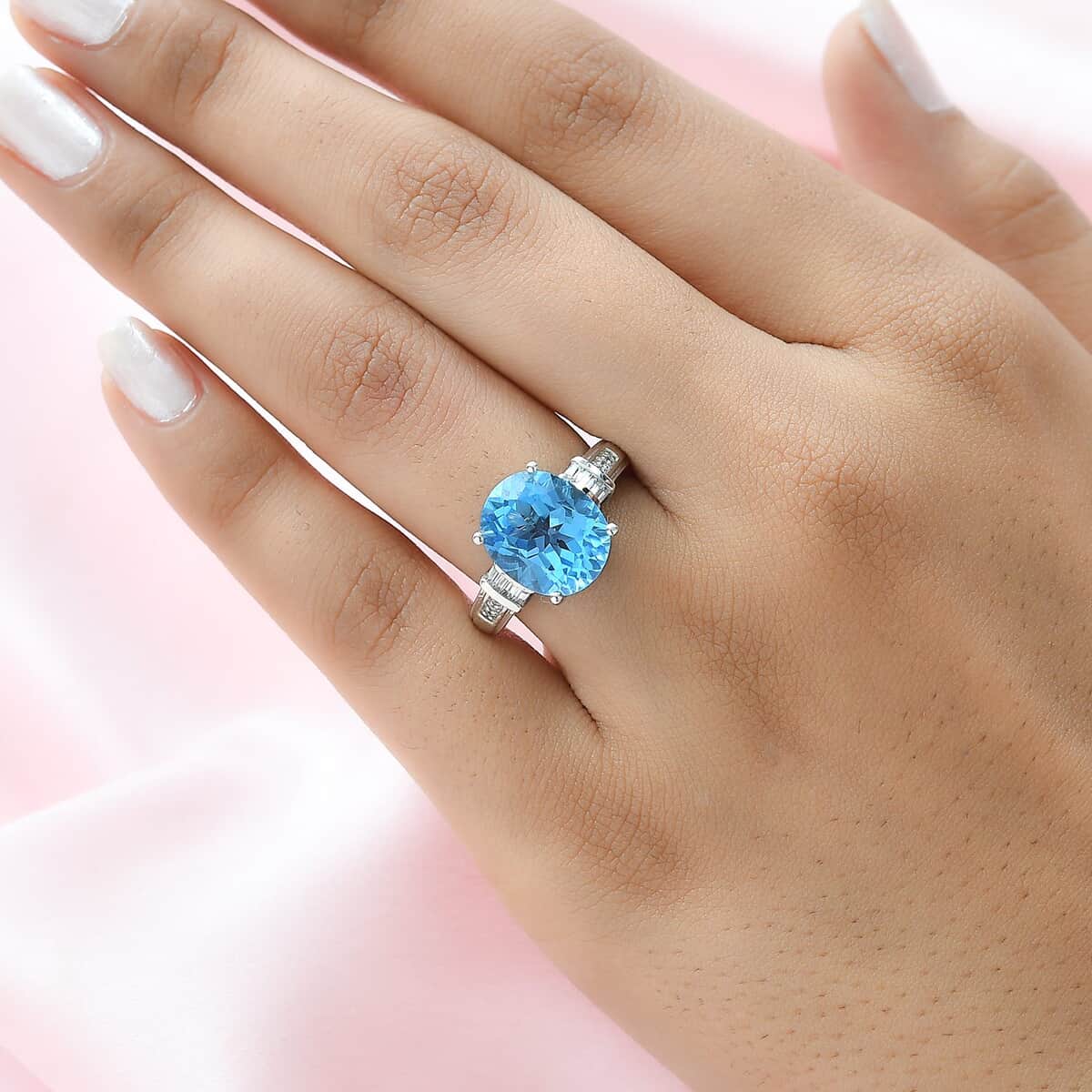 Doorbuster Electric Blue Topaz and Natural White Zircon Ring in Platinum Over Sterling Silver 6.30 ctw image number 2