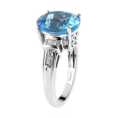 Electric Blue Topaz and Natural White Zircon Ring in Platinum Over Sterling Silver (Size 6.0) 6.30 ctw