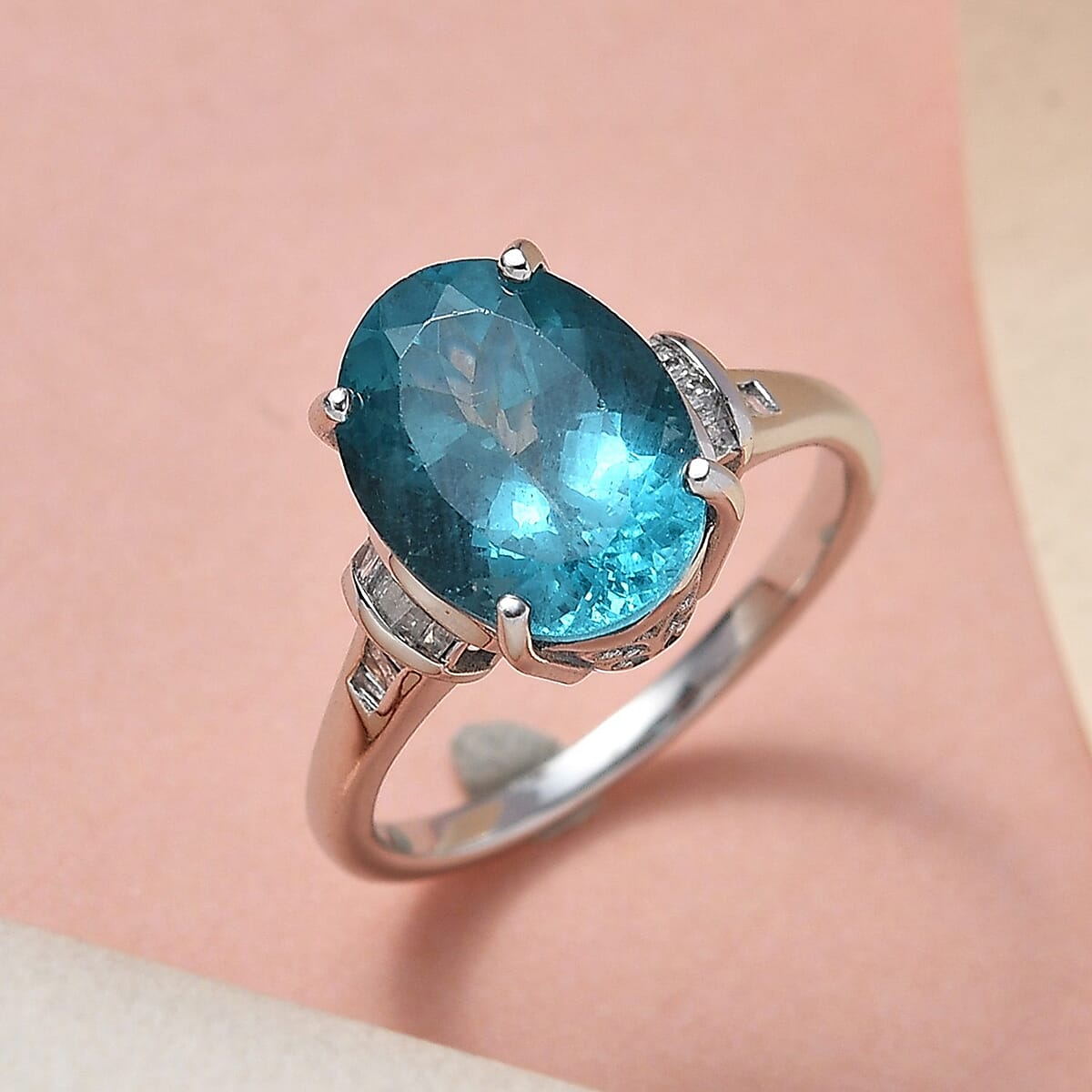 Electric Blue Topaz and White Zircon Ring in Platinum Over Sterling Silver (Size 7.0) 6.30 ctw image number 1