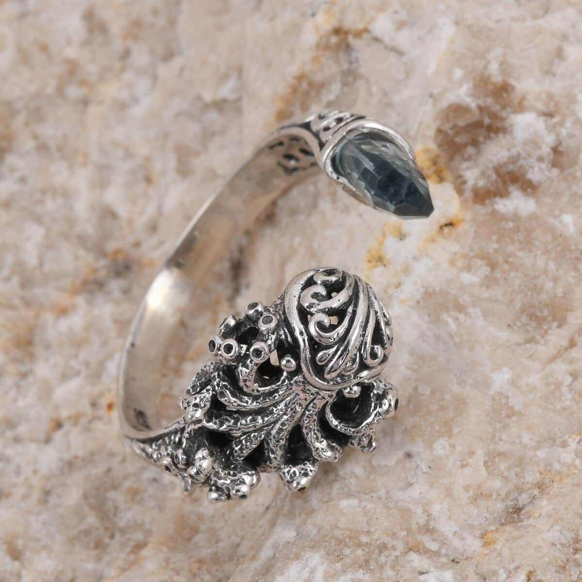 Doorbuster BALI LEGACY Briolette Cut Sky Blue Topaz Octopus Ring in Sterling Silver 8 Grams 3.00 ctw image number 1