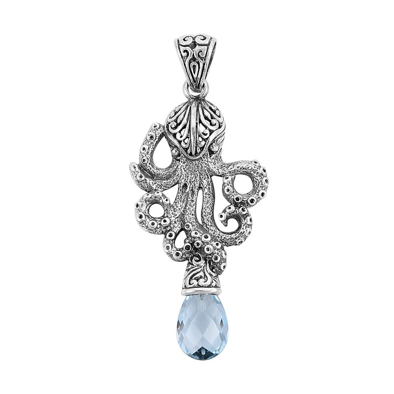 Bali Legacy Briolette Cut Sky Blue Topaz Octopus Pendant in Sterling Silver 7.00 ctw