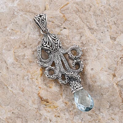 Bali Legacy Briolette Cut Sky Blue Topaz Octopus Pendant in Sterling Silver 7.00 ctw