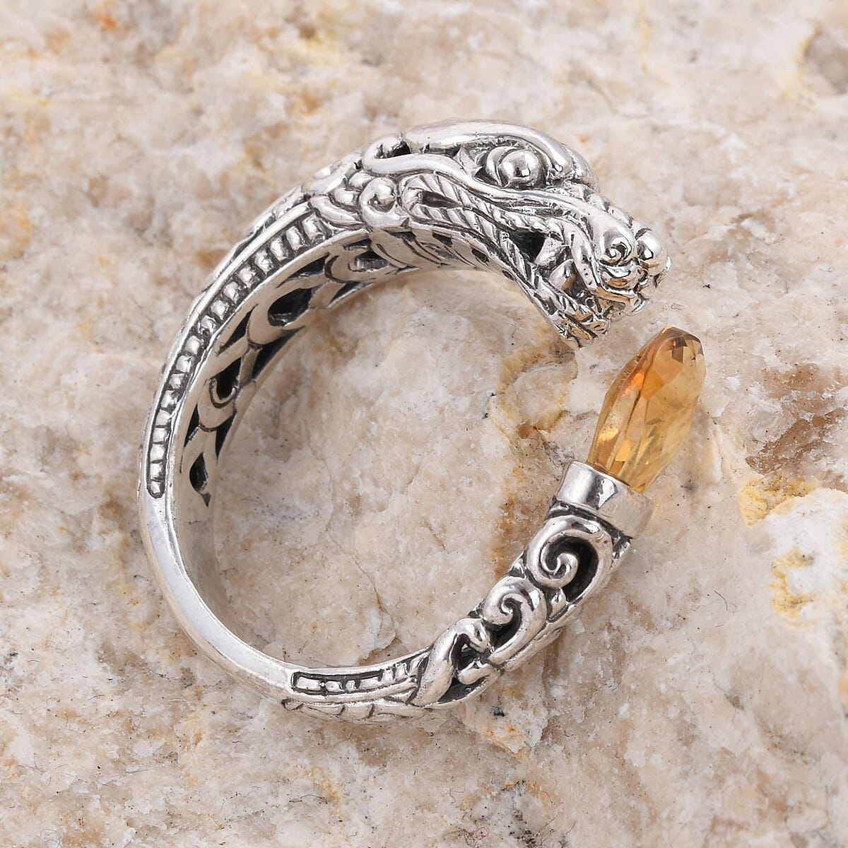 Bali Legacy Briolette Cut Brazilian Citrine Dragon Ring in Sterling Silver (Size 5.0) 3.00 ctw image number 1