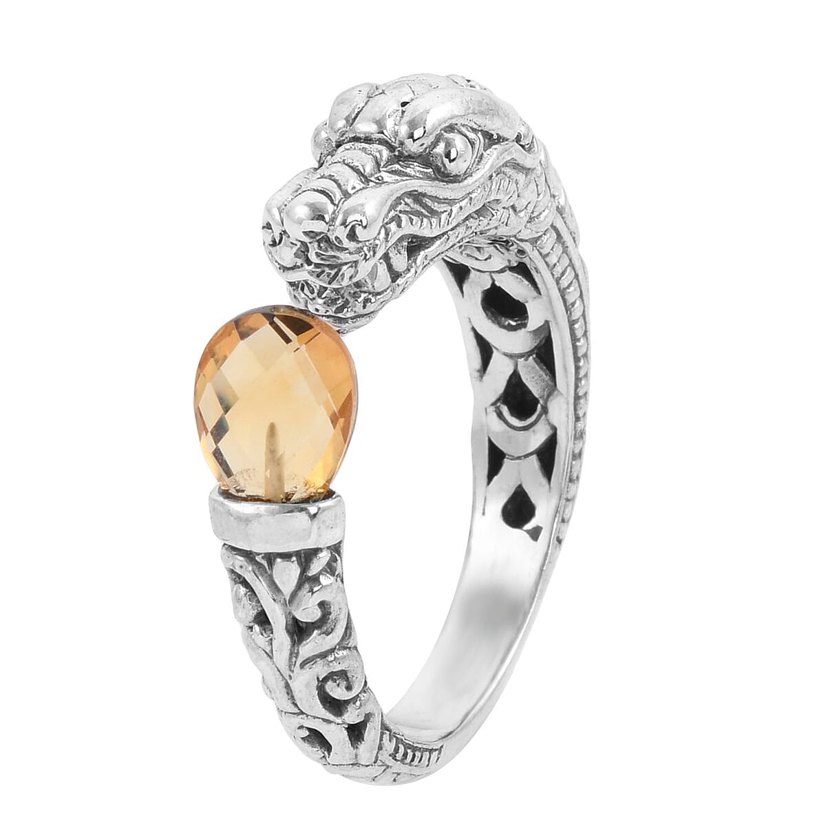 Bali Legacy Briolette Cut Brazilian Citrine Dragon Ring in Sterling Silver (Size 5.0) 3.00 ctw image number 3