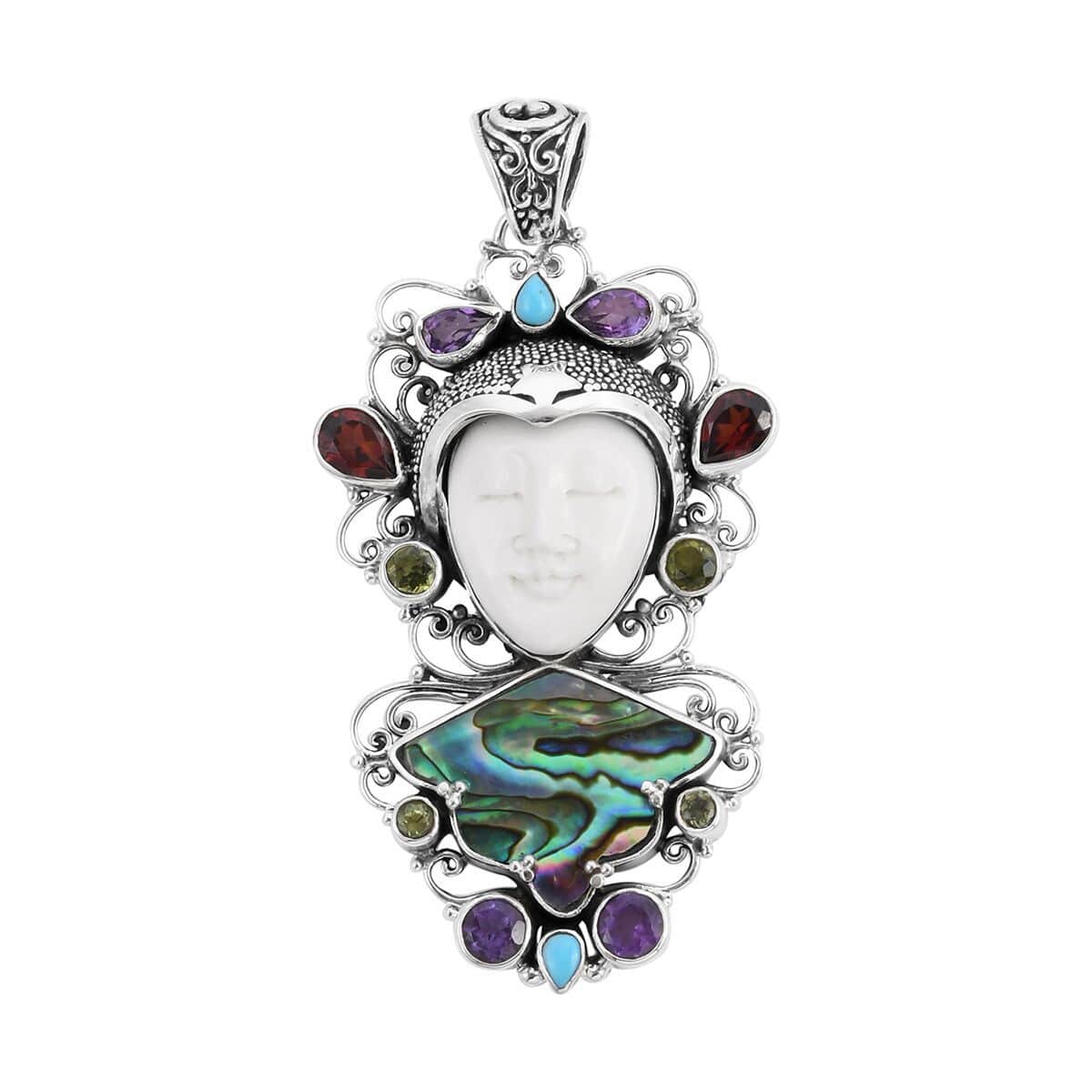 Buy Bali Goddess Carved Bone and Multi Gemstone Pendant in Sterling ...