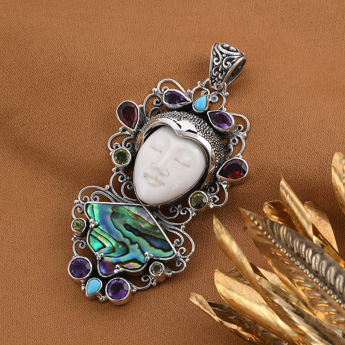 Bali Goddess Carved Bone and Multi Gemstone Pendant in Sterling Silver 4.10 ctw image number 1