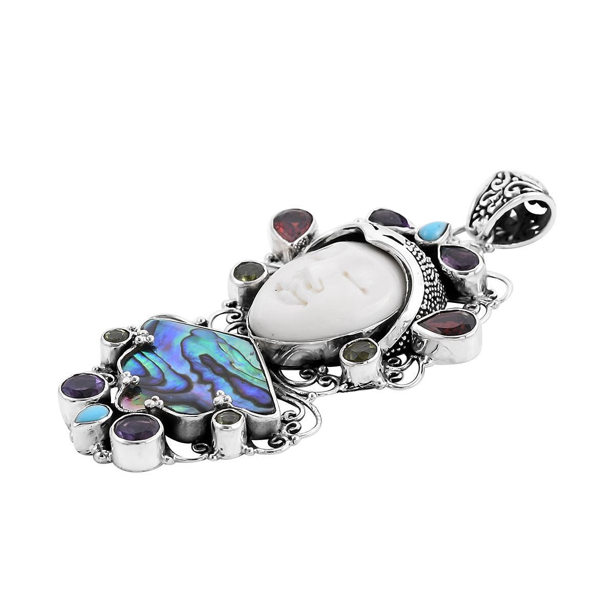 Bali Goddess Carved Bone and Multi Gemstone Pendant in Sterling Silver 4.10 ctw image number 2