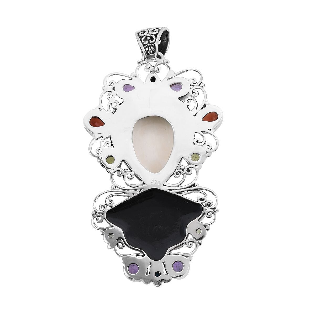 Bali Goddess Carved Bone and Multi Gemstone Pendant in Sterling Silver 4.10 ctw image number 3