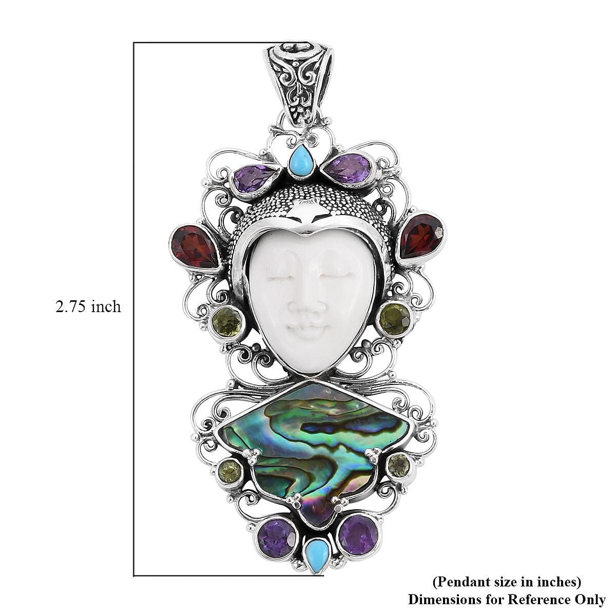 Bali Goddess Carved Bone and Multi Gemstone Pendant in Sterling Silver 4.10 ctw image number 4