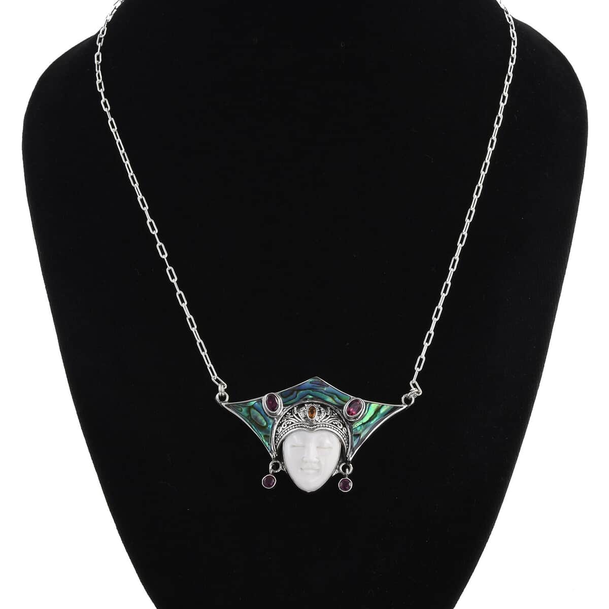 Bali Goddess Carved Bone and Multi Gemstone Necklace 22 Inches in Sterling Silver 2.20 ctw image number 2