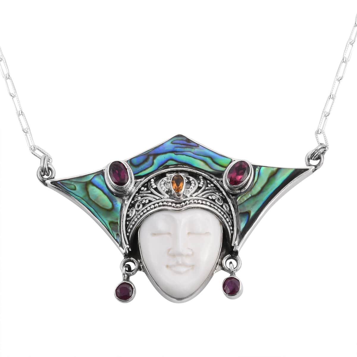 Bali Goddess Carved Bone and Multi Gemstone Necklace 22 Inches in Sterling Silver 2.20 ctw image number 3