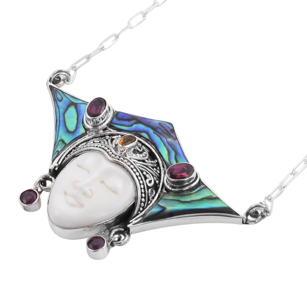 Bali Goddess Carved Bone and Multi Gemstone Necklace 22 Inches in Sterling Silver 2.20 ctw image number 4