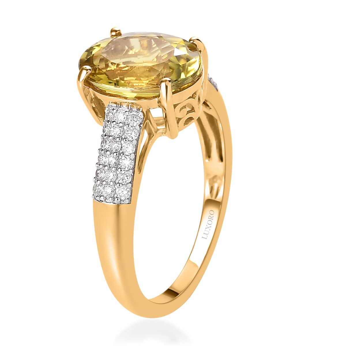 Luxoro 14K Yellow Gold AAA Natural Canary Tourmaline and G-H I2 Diamond Ring (Size 7.0) 3.60 ctw image number 3
