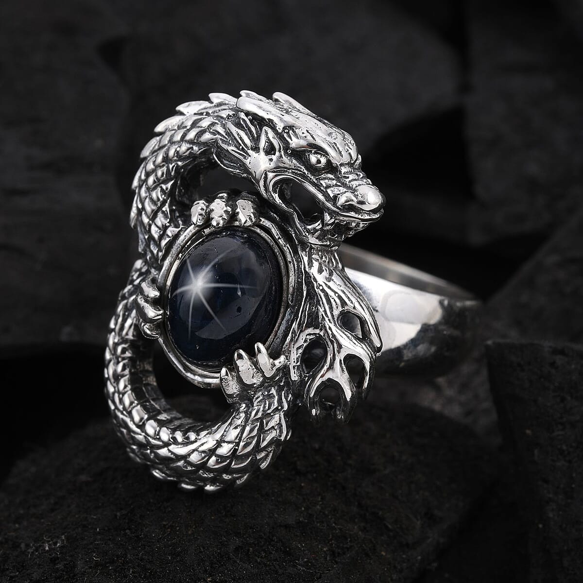 Bali Legacy Blue Star Sapphire (DF) Dragon Ring in Sterling Silver (Size 9.0) 7 Grams 3.00 ctw image number 1