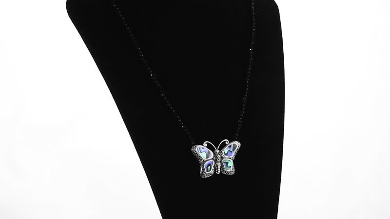 Doorbuster BALI LEGACY Abalone Shell and Natural Thai Black Spinel Beaded Butterfly Necklace 20 Inches in Sterling Silver 7.5 Grams 25.00 ctw