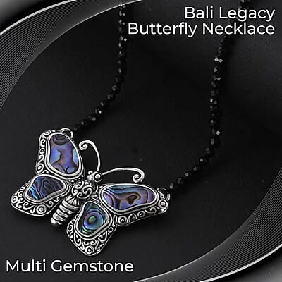 Multi Gemstone Necklace , Butterfly Necklace, Bali Legacy Necklace , Abalone Shell Necklace , Thai Black Spinel 25.00 ct Bead Necklace , 20 Inches Necklace , Sterling Silver Necklacew