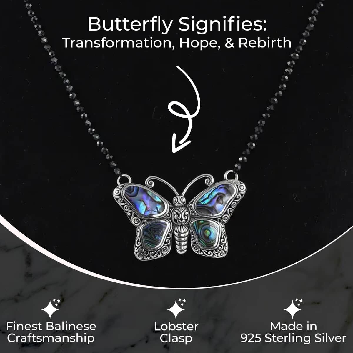 Doorbuster BALI LEGACY Abalone Shell and Natural Thai Black Spinel Beaded Butterfly Necklace 20 Inches in Sterling Silver 7.5 Grams 25.00 ctw image number 2