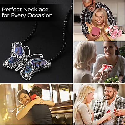Multi Gemstone Necklace , Butterfly Necklace, Bali Legacy Necklace , Abalone Shell Necklace , Thai Black Spinel 25.00 ct Bead Necklace , 20 Inches Necklace , Sterling Silver Necklacew