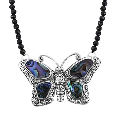 Multi Gemstone Necklace , Butterfly Necklace, Bali Legacy Necklace , Abalone Shell Necklace , Thai Black Spinel 25.00 ct Bead Necklace , 20 Inches Necklace , Sterling Silver Necklacew