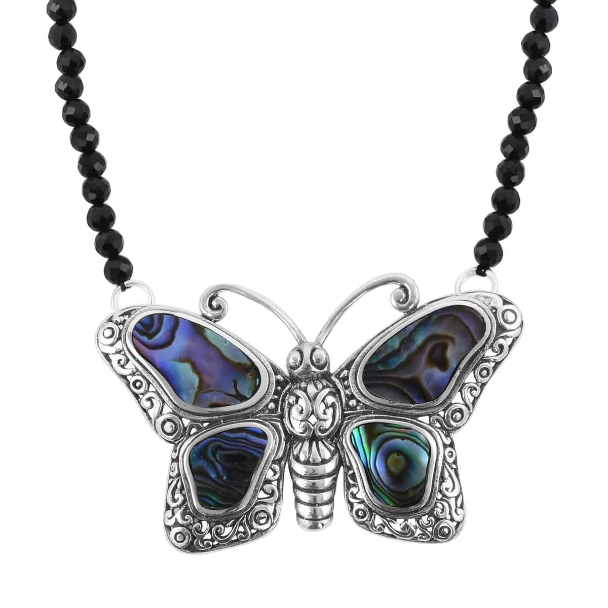 Doorbuster BALI LEGACY Abalone Shell and Natural Thai Black Spinel Beaded Butterfly Necklace 20 Inches in Sterling Silver 7.5 Grams 25.00 ctw image number 4