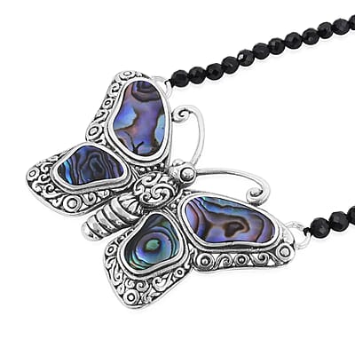 Multi Gemstone Necklace , Butterfly Necklace, Bali Legacy Necklace , Abalone Shell Necklace , Thai Black Spinel 25.00 ct Bead Necklace , 20 Inches Necklace , Sterling Silver Necklacew