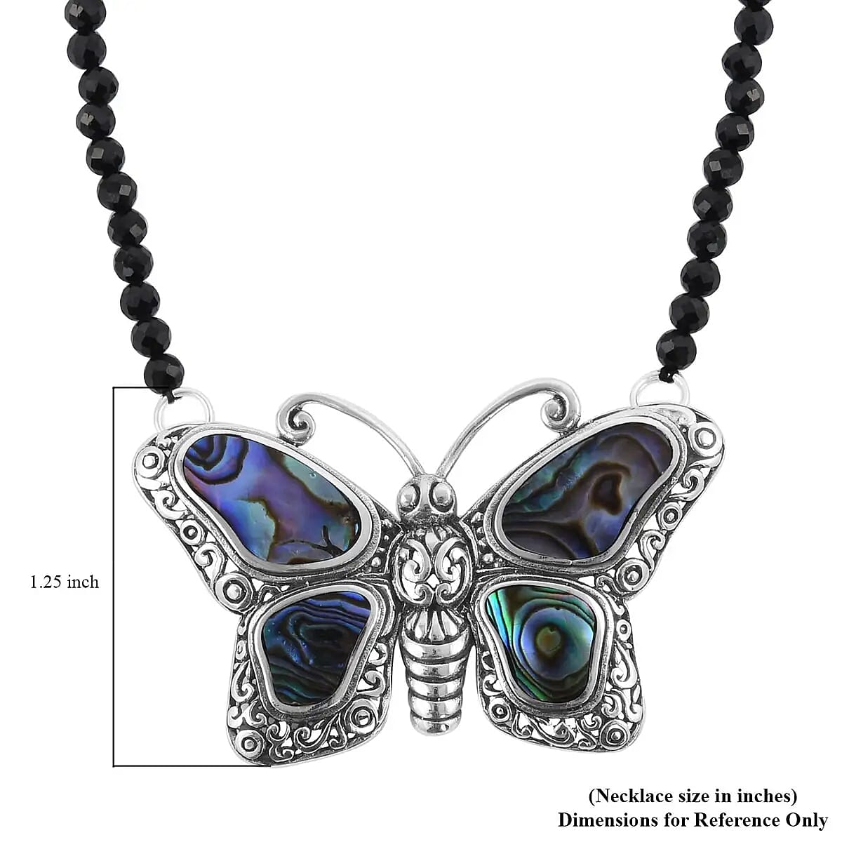 Multi Gemstone Necklace , Butterfly Necklace, Bali Legacy Necklace , Abalone Shell Necklace , Thai Black Spinel 25.00 ct Bead Necklace , 20 Inches Necklace , Sterling Silver Necklacew