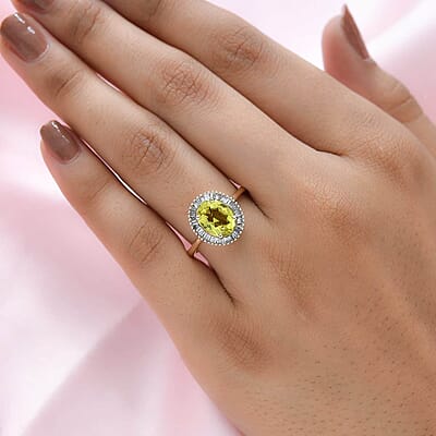 Luxoro 14K Yellow Gold AAA Natural Canary Tourmaline and G-H I2 Diamond Halo Ring (Size 7.0) 2.00 ctw