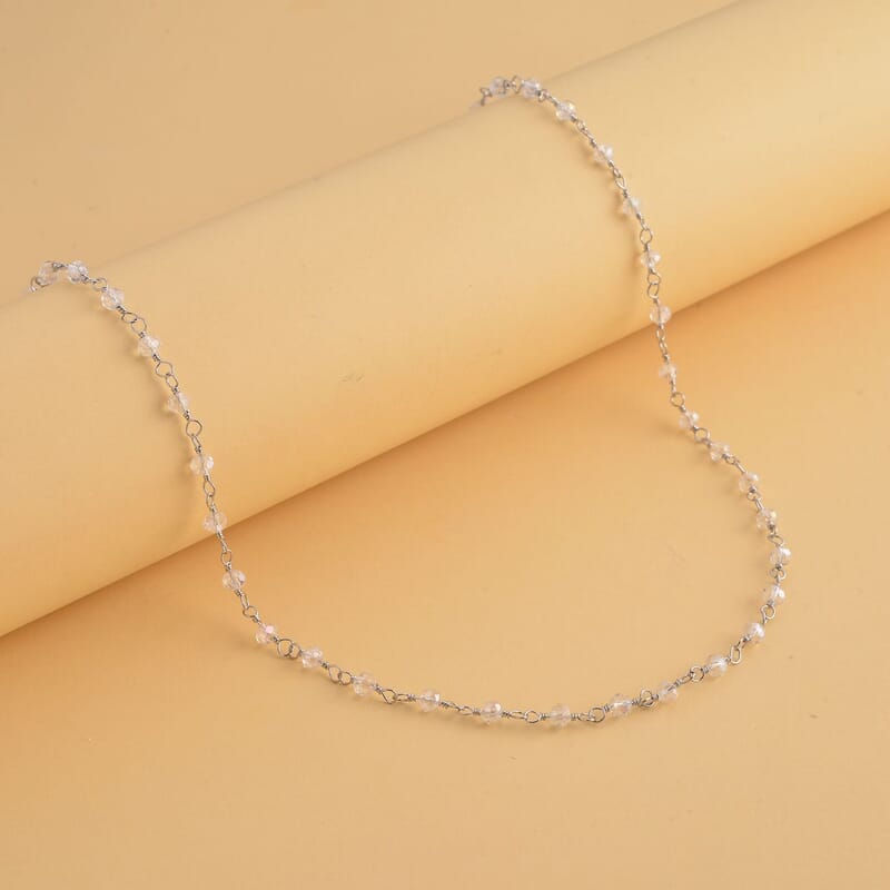 White Glass Beaded Station Necklace in Stainless Steel 20-22 Inches, Tarnish-Free, Waterproof, Sweat Proof Jewelry