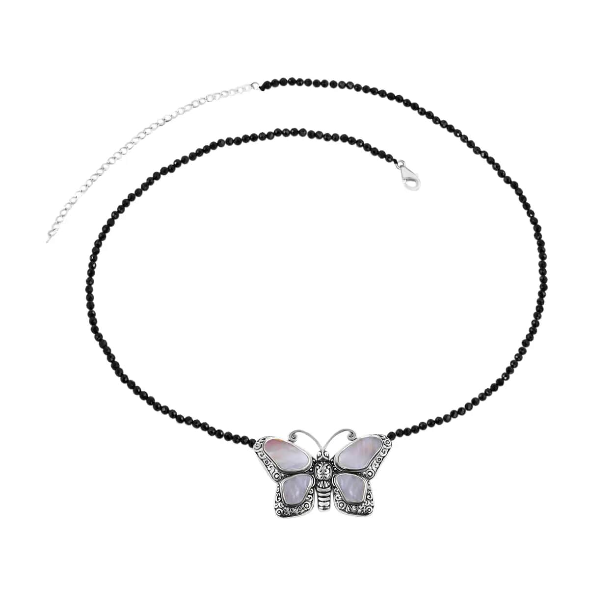 Multi Gemstone Necklace, Butterfly Necklace, Bali Legacy Necklace, Mother of Pearl Necklace, Thai Black Spinel Bead Necklace, 20 Inches Necklace, Sterling Silver Necklace 25.00 ctw image number 0