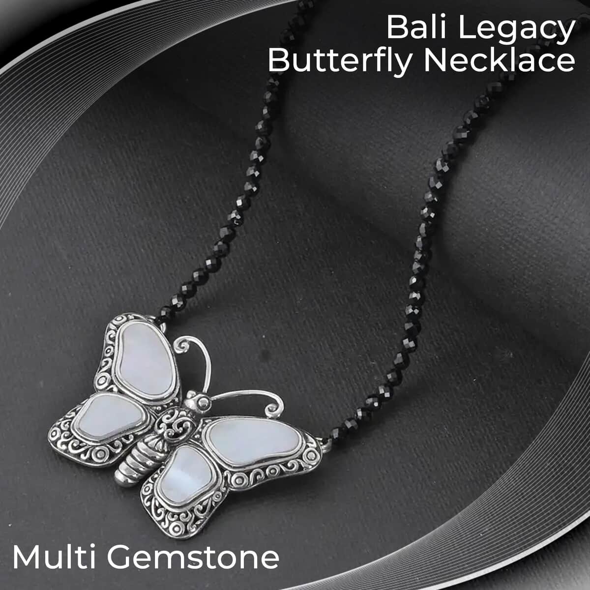 Multi Gemstone Necklace, Butterfly Necklace, Bali Legacy Necklace, Mother of Pearl Necklace, Thai Black Spinel Bead Necklace, 20 Inches Necklace, Sterling Silver Necklace 25.00 ctw image number 1