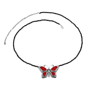 Multi Gemstone Necklace, Butterfly Necklace, Bali Legacy Necklace, Sponge Coral Necklace, Thai Black Spinel 25.00 ctw Bead Necklace, 20-22 Inches Necklace, Sterling Silver Necklace