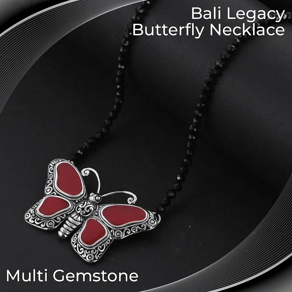 Multi Gemstone Necklace, Butterfly Necklace, Bali Legacy Necklace, Sponge Coral Necklace, Thai Black Spinel 25.00 ctw Bead Necklace, 20-22 Inches Necklace, Sterling Silver Necklace image number 1