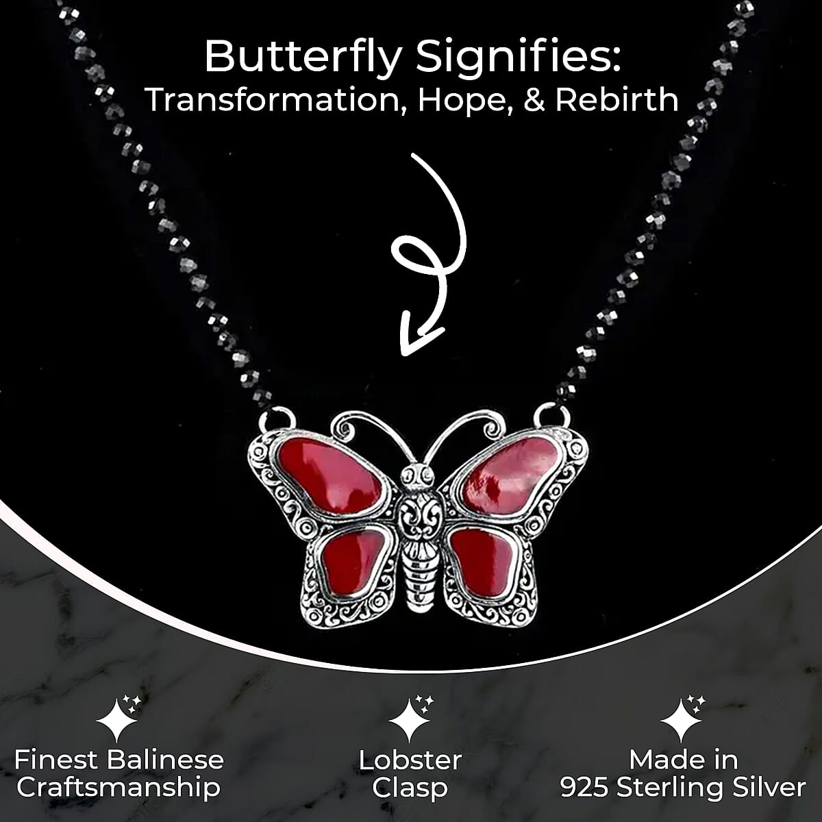 Multi Gemstone Necklace, Butterfly Necklace, Bali Legacy Necklace, Sponge Coral Necklace, Thai Black Spinel 25.00 ctw Bead Necklace, 20-22 Inches Necklace, Sterling Silver Necklace image number 2