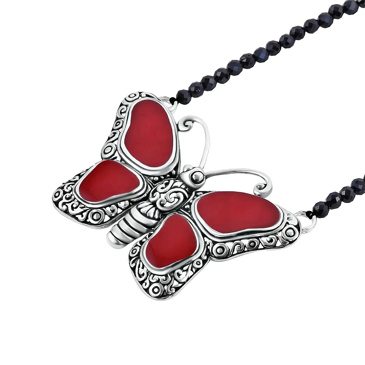 Multi Gemstone Necklace, Butterfly Necklace, Bali Legacy Necklace, Sponge Coral Necklace, Thai Black Spinel 25.00 ctw Bead Necklace, 20-22 Inches Necklace, Sterling Silver Necklace image number 4