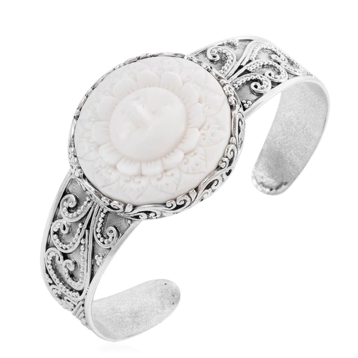 Bali Goddess Carved Bone Cuff Bracelet in Sterling Silver (7.50 In) image number 0