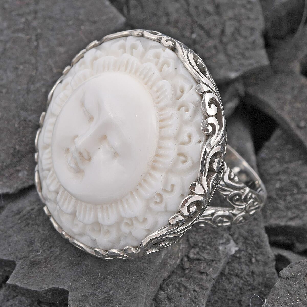 Bali Goddess Carved Bone Ring in Sterling Silver (Size 8.0) image number 1