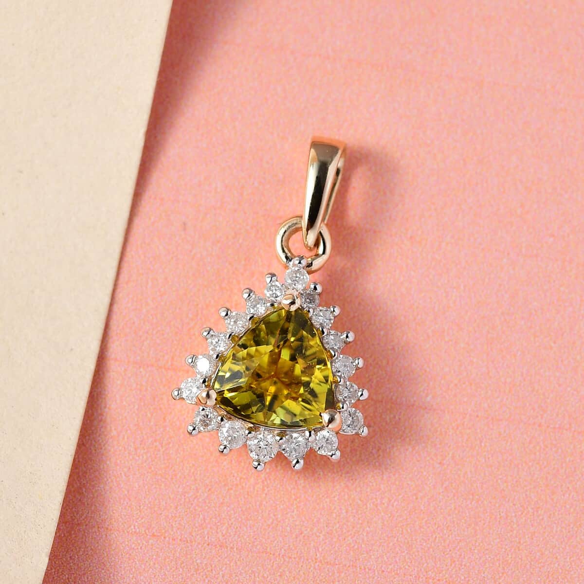 Luxoro 14K Yellow Gold AAA Natural Canary Tourmaline and G-H I2 Diamond Halo Pendant 1.00 ctw image number 1