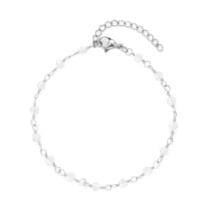 White Glass Beaded Station Bracelet (7.5-9Inches) in Stainless Steel , Tarnish-Free, Waterproof, Sweat Proof Jewelry