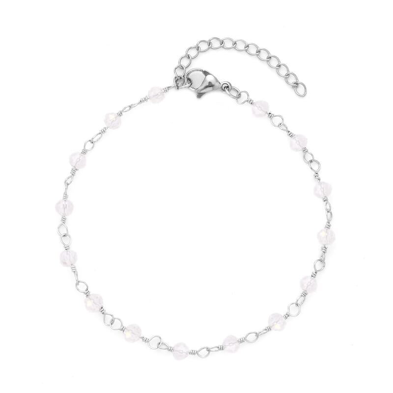 White Glass Beaded Station Bracelet in Stainless Steel (7.5-9Inches), Tarnish-Free, Waterproof, Sweat Proof Jewelry