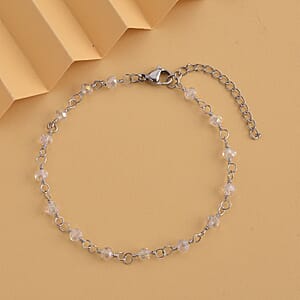White Glass Beaded Station Bracelet in Stainless Steel (7.5-9Inches), Tarnish-Free, Waterproof, Sweat Proof Jewelry