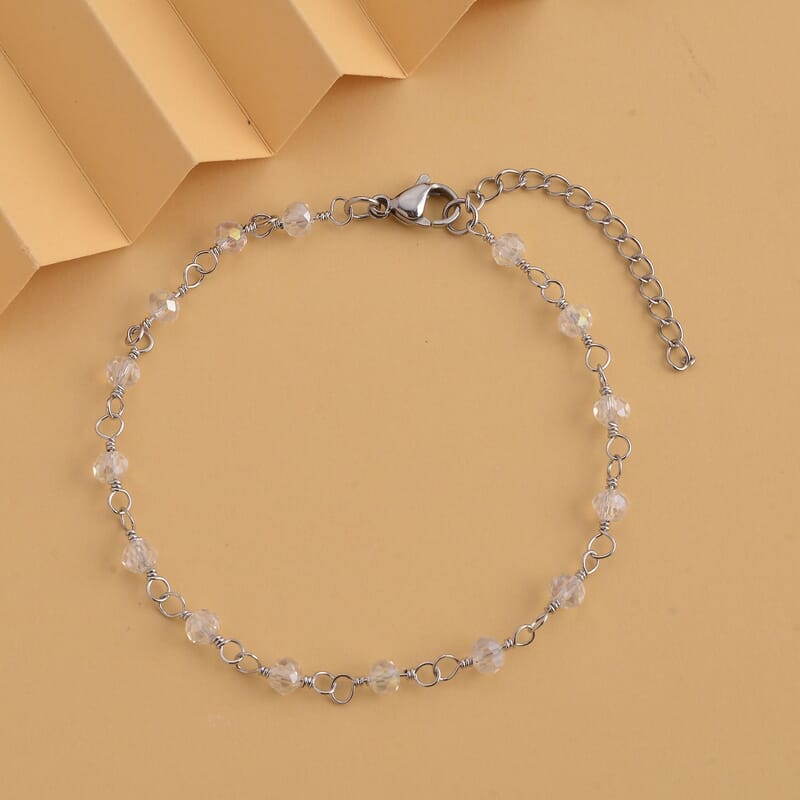 White Glass Beaded Station Bracelet in Stainless Steel (7.5-9Inches), Tarnish-Free, Waterproof, Sweat Proof Jewelry