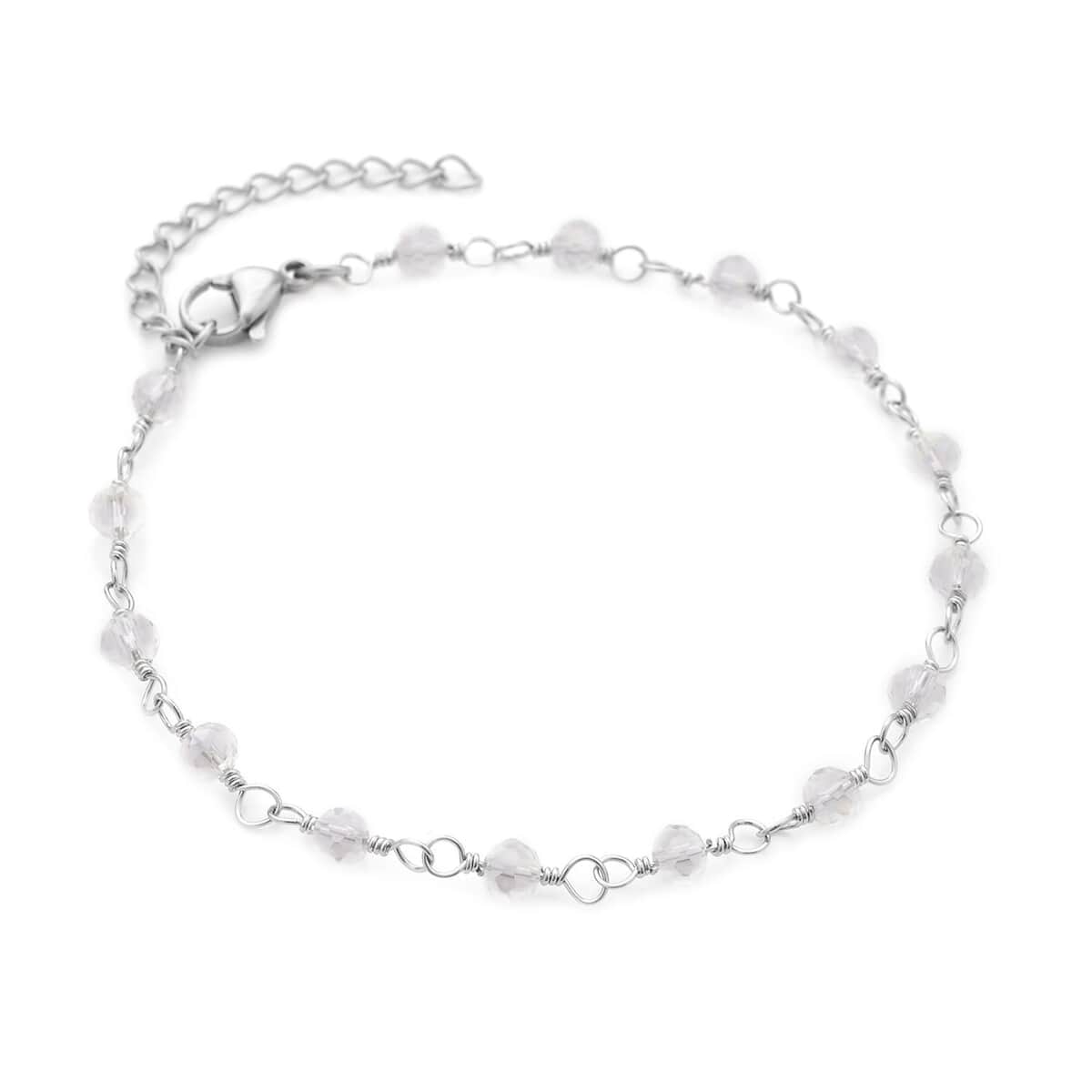 White Glass Beaded Station Bracelet (7.5-9Inches) in Stainless Steel image number 2