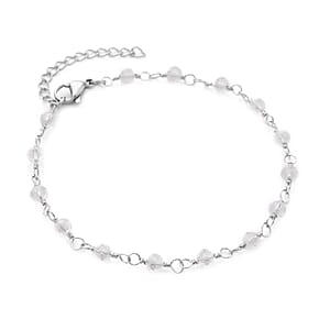 White Glass Beaded Station Bracelet in Stainless Steel (7.5-9Inches), Tarnish-Free, Waterproof, Sweat Proof Jewelry