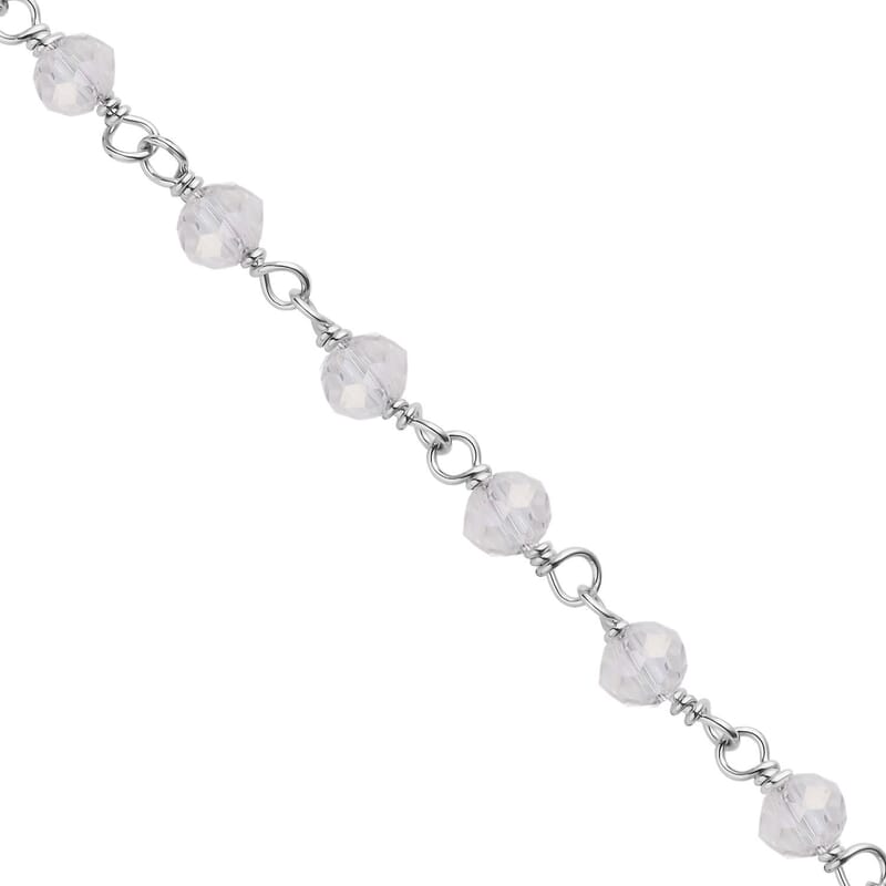 White Glass Beaded Station Bracelet in Stainless Steel (7.5-9Inches), Tarnish-Free, Waterproof, Sweat Proof Jewelry