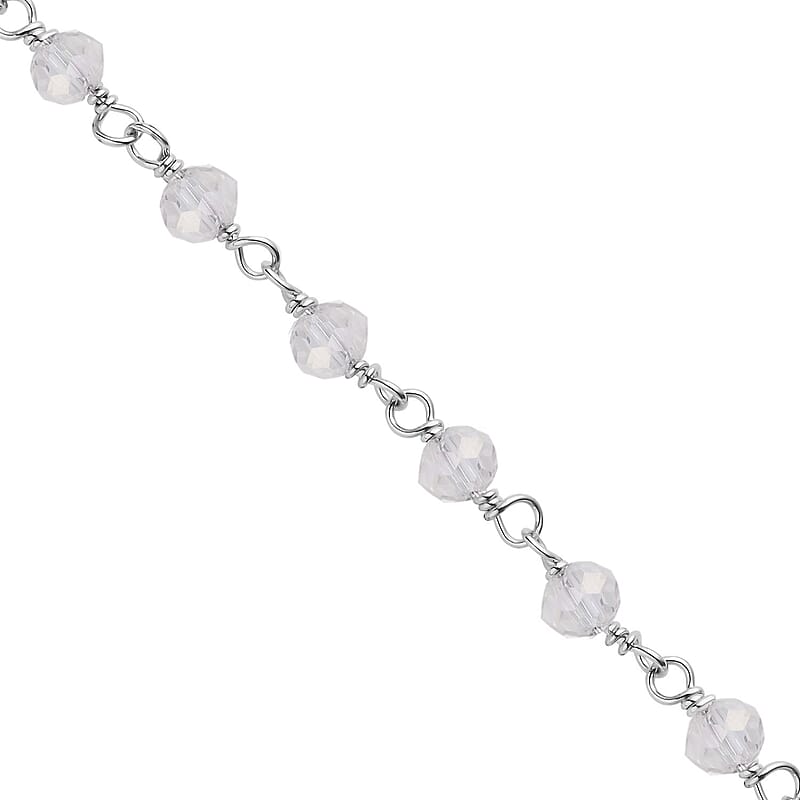 White Glass Beaded Station Bracelet in Stainless Steel (7.5-9Inches), Tarnish-Free, Waterproof, Sweat Proof Jewelry