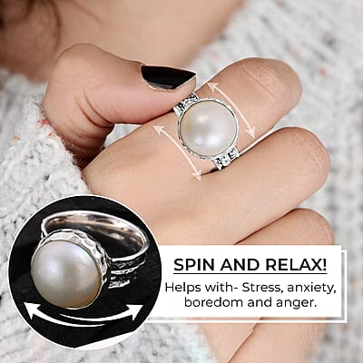 Bali Legacy White Mabe Pearl Spinner Ring, White Mabe Pearl Ring, Sterling Silver Ring, Silver Spinner Ring, Fidget Anxiety Ring